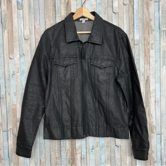 James Perse L Men’s Black Coated Cotton Jean Jacket Utility Denim Zip Front $395 - Picture 3 of 13